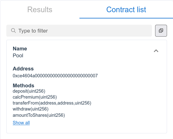 "Contract list" tab (next to the "Results" tab) showing the  contractand all of its methods