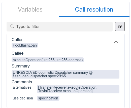Call resolution tab showing unresolved call from  to, with the "alternatives" set containing both and 